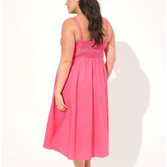 Torrid 6 (6X 30) Pink Midi Poplin Pin Up Rockabilly Sweetheart Shirred Sun Dress - Picture 2 of 3